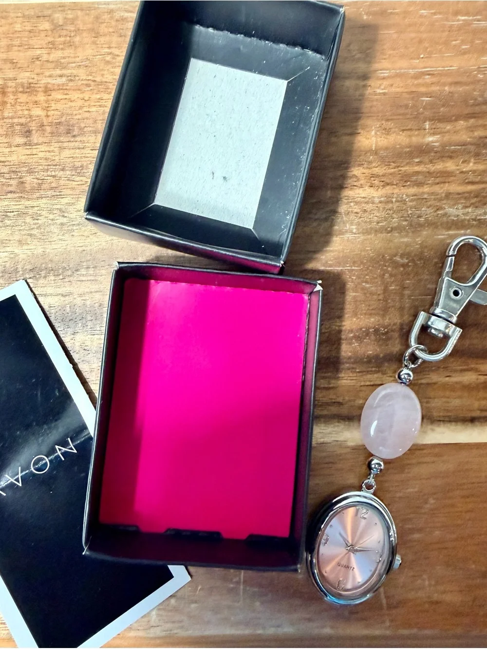 Vintage Avon Pink Dial Keychain Watch with Rose Quartz Accent